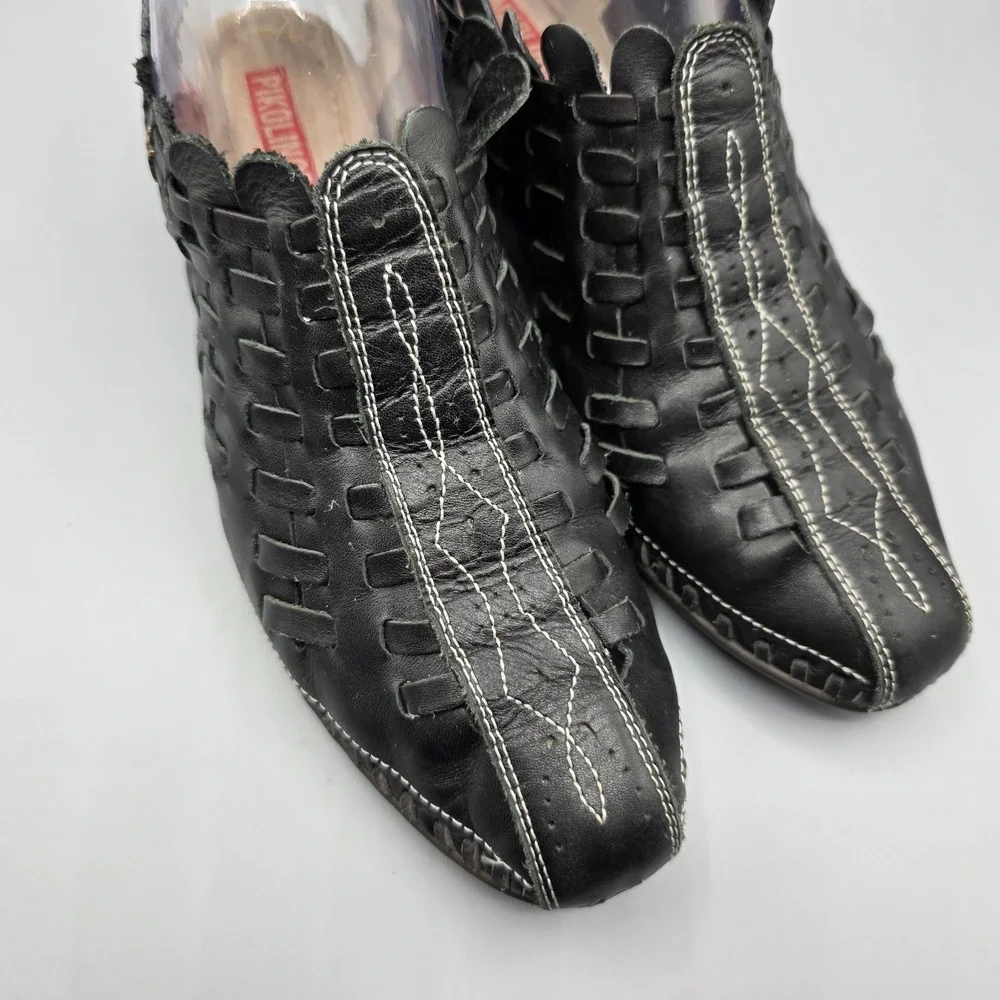 Pikolinos Romana Shoes Womens 38 Black Leather Slingback Sandal Wedge Heel Woven